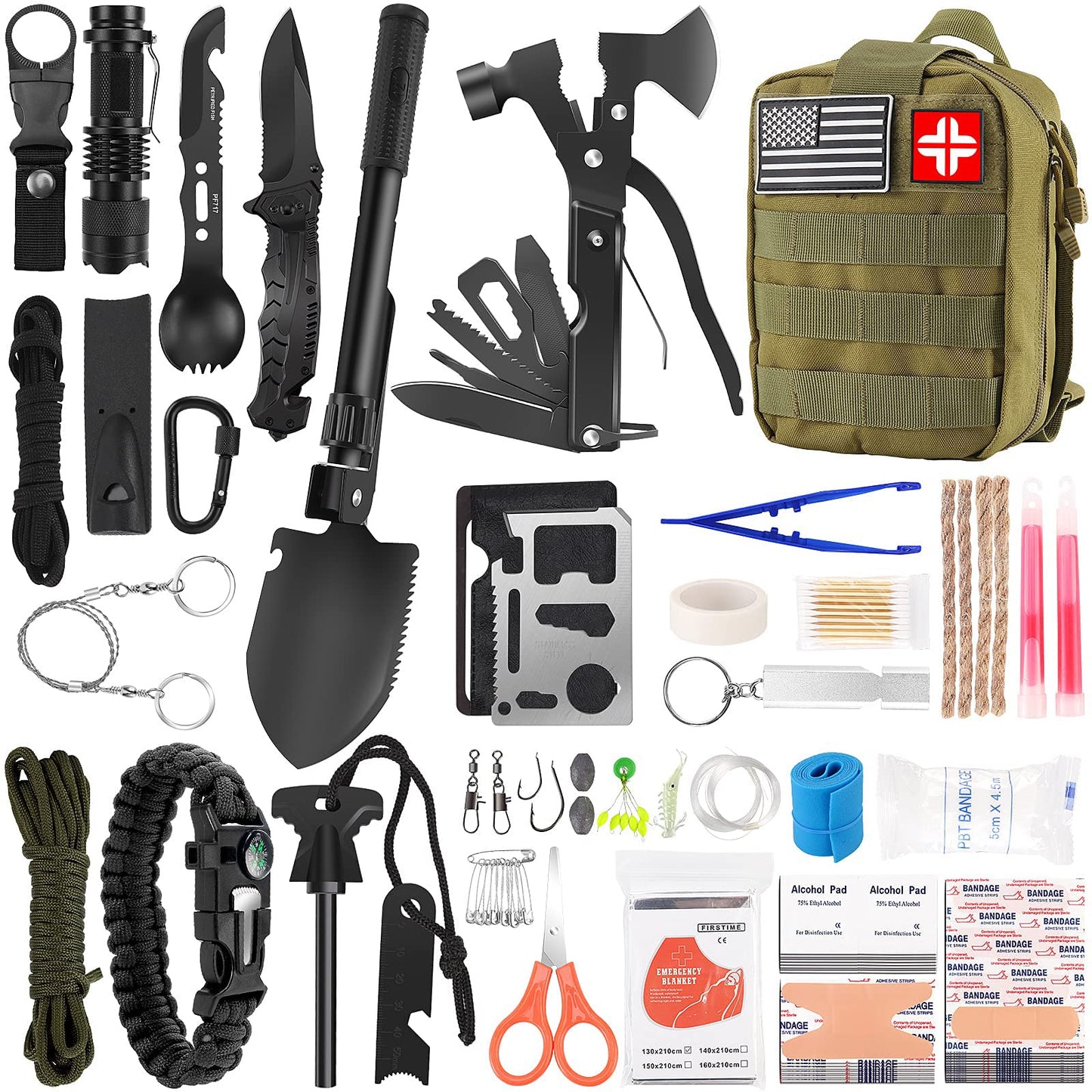 Survival Kit and First Aid Kit, 142Pcs Professional Survival Gear and Equipment with Molle Pouch, for Men Dad Husband Who Likes Camping Outdoor Adventure (Green)…