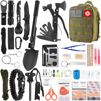 Survival Kit and First Aid Kit, 142Pcs Professional Survival Gear and Equipment with Molle Pouch, for Men Dad Husband Who Likes Camping Outdoor Adventure (Green)…