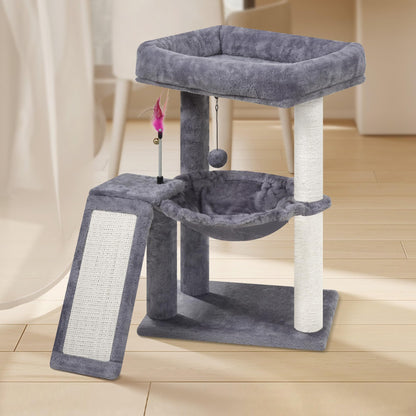 YOUPET Cat Tree with Cat Scratching Post for Indoor Cats, Cat Tower with Scratching Board and Playful Toy Balls, Cat Tree Tower with Cozy Hammock,Grey