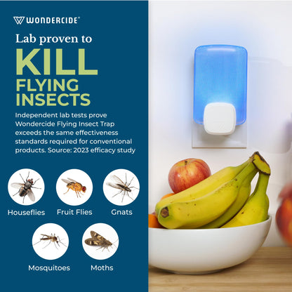 Wondercide - Flying Insect and Fly Trap - Indoor Bug Catcher for Fruit and House Flies, Gnats, Moths, and Mosquitoes - Starter Kit for Home and Kitchen - 2 Plug-in Lights and 2 Cartridges