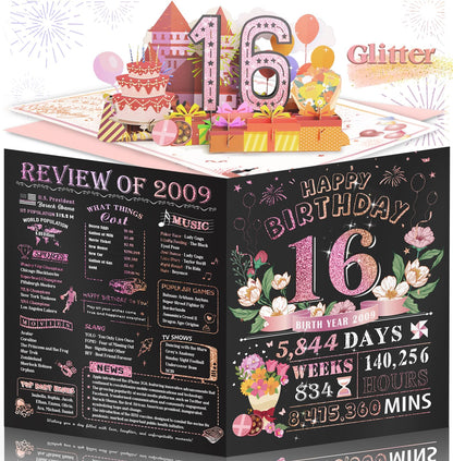 Sweet 16th Birthday Card for Girls Daughter,Jumbo Pop Up Sweet 16th Birthday Cards for Granddaughter Sister, Sweet 16th Birthday Decorations for 16 Year Old Girl Daughter Funny Birthday Gifts, Review of 2009, Pink