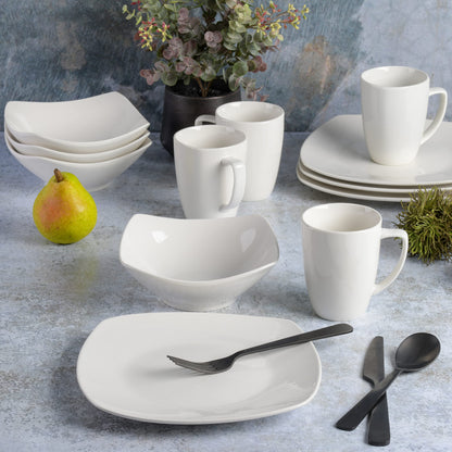 Gibson Home Amelia Court Porcelain Chip and Scratch Resistant Dinnerware set, Service for 4 (12pcs), White (Soft Square)