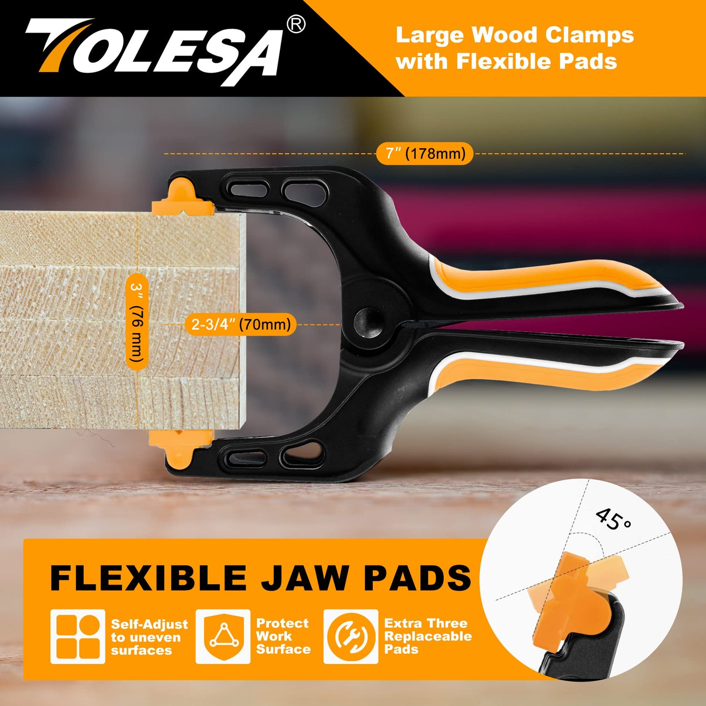 TOLESA Heavy Duty Spring Clamps 7 Inch 4 Pcs Large Wood Clamps with 30Lbs Powerful Clamping Force Deep Throat Nylon Clamps for Woodworking Photography Backdrop Household Use Cover Holding Wood Gluing