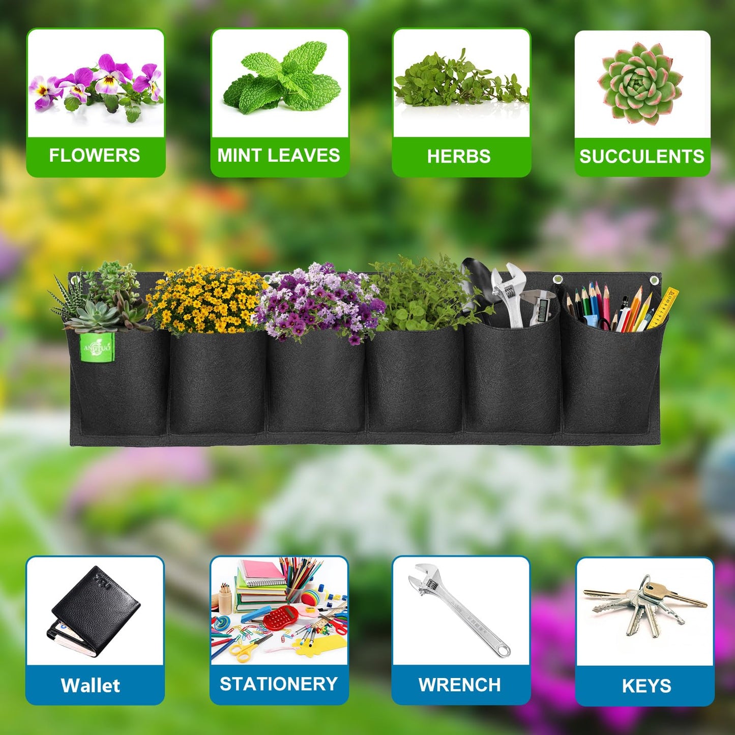 ANGTUO 6 Pockets Hanging Planters for Outdoor Plants, One Pack Wall Planter Vertical Garden, Hanging Plant Holder for Railing, Balcony, Fence