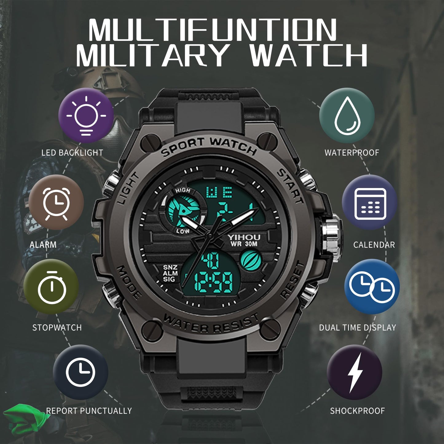 Yihou Men's Military Watch Outdoor Sports Electronic Watch Tactical Army Wristwatch LED Stopwatch Waterproof Digital Analog Watches