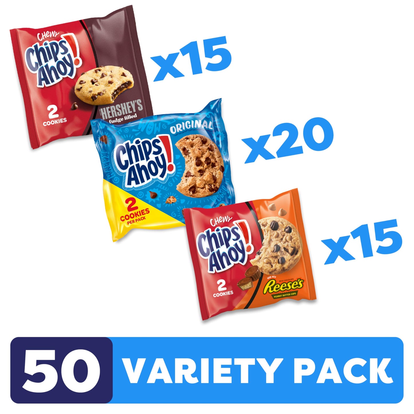 CHIPS AHOY! Cookies Variety Pack, Original Chocolate Chip, Chewy Chocolate Chip with Reese's Peanut Butter Cups & Chewy Hershey's Fudge Filled Soft Cookies, 50 Snack Packs