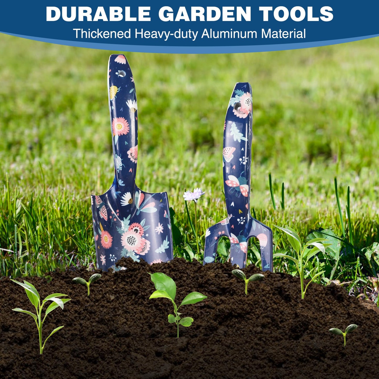 WORKPRO Aluminum Garden Tool Set, 4PCS Heavy Duty Hand Garden Tools with Box Include Trowel, Rake, Pruner, Garden Gloves, Floral and Insect Printing, Garden Gifts