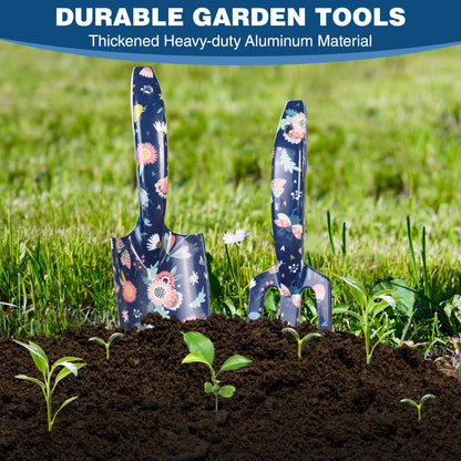 WORKPRO Aluminum Garden Tool Set, 4PCS Heavy Duty Hand Garden Tools with Box Include Trowel, Rake, Pruner, Garden Gloves, Floral and Insect Printing, Garden Gifts