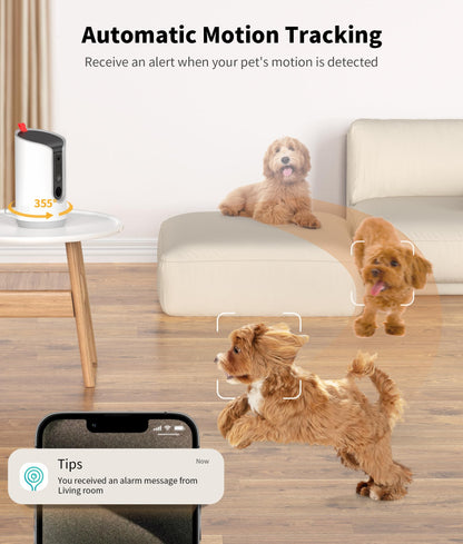 TKENPRO 2K Pet Camera Treat Dispenser, 360°View Dog Camera with Phone App, 5G&2.4G WiFi 2-Way Talk Pet Cam Indoor for Cats Remote Treat Tossing, Motion Alerts, Auto Tracking