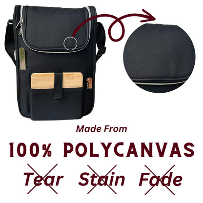 Truvelli Black Insulated Wine Tote Bag: Portable 2 Bottle Cheese Waterproof Black Canvas Carrier Picnic Kit - Stopper Attachment, Plus Wooden Charcuterie Board