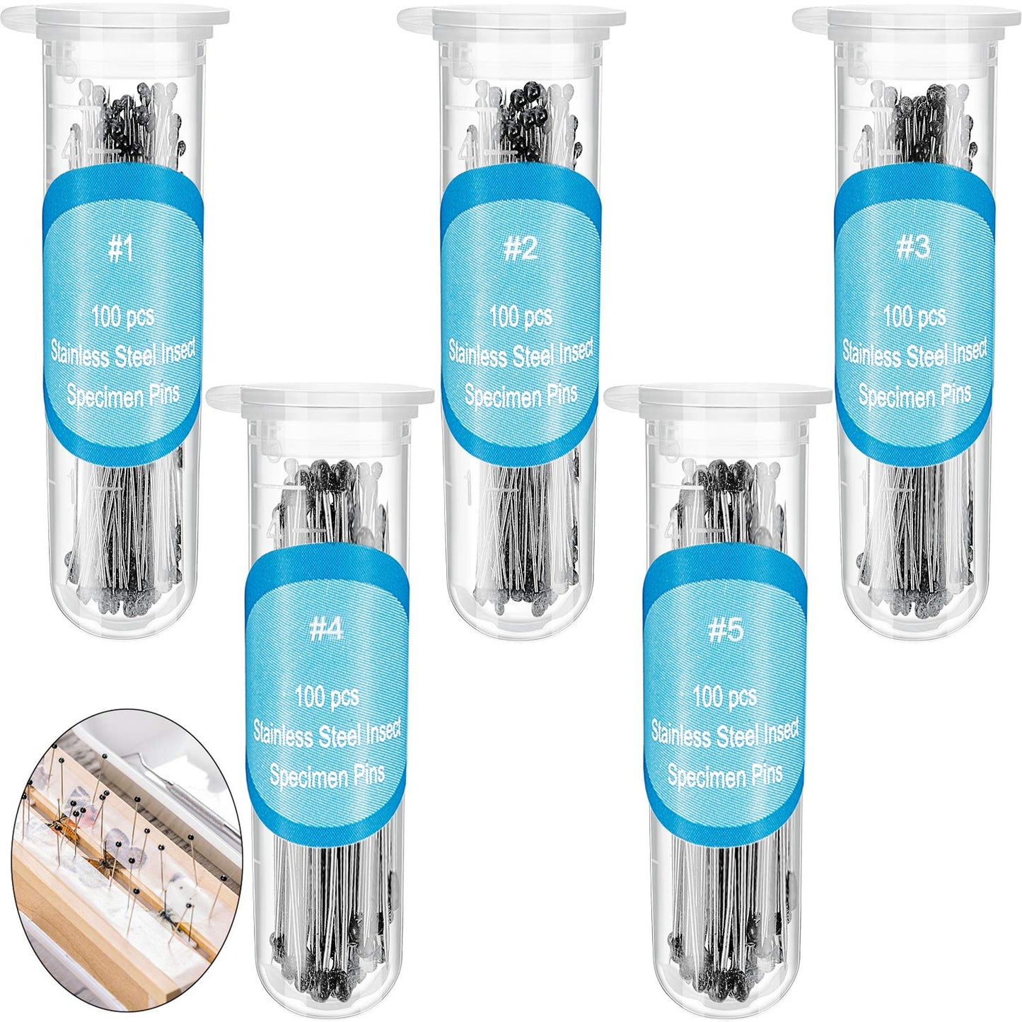 WILLBOND Stainless Steel Insect Pins Kit Specimen Entomology Pins Butterfly Collections Variety Pack for School Entomology Display Butterfly Collectors(500 Pieces,5 Sizes)