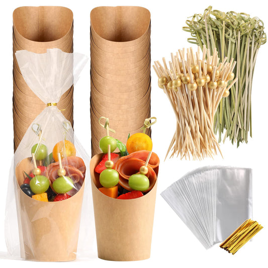 Disposable Charcuterie Cups 60 PCS with 200PCS Sticks and 60PCS Bags, 14 oz Kraft Paper Snack Boxes Appetizers Cup French Fry Holder with Cocktail Skewers Toothpicks Tooth Picks, Brown