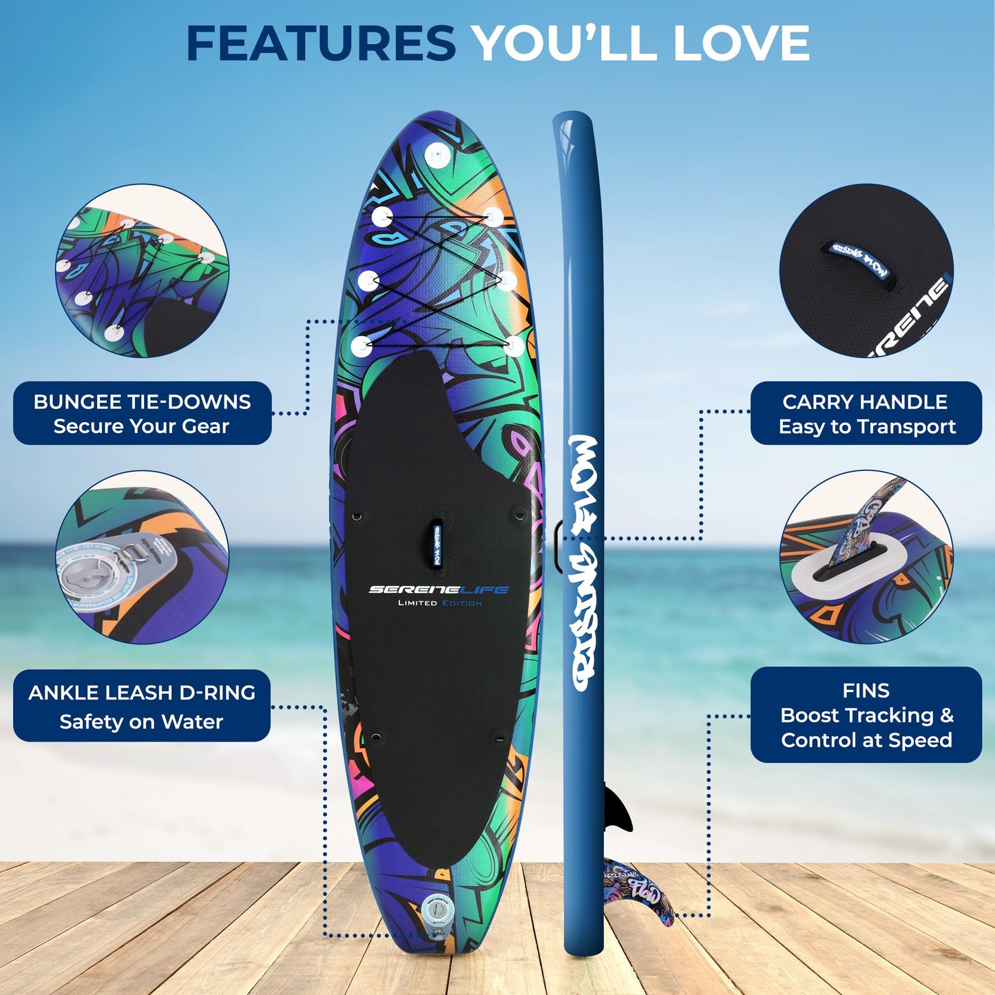 SereneLife Inflatable Stand Up Paddle Board - Wide Stable Design, Non-Slip Deck for Adults & Youth with Premium Paddle Board Accessories: Carry Bag, Dual Action Pump, Paddle, Ankle Leash - 10'6"