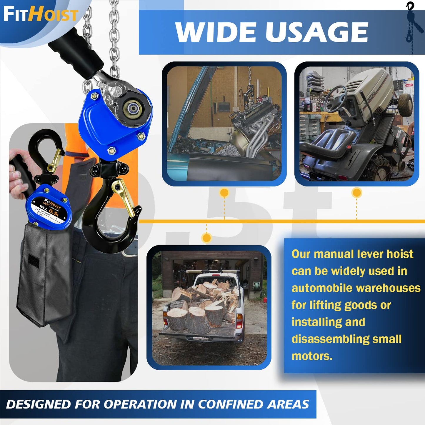 FITHOIST Mini Chain Hoist 1/2 Ton 1100Lbs Capacity 10Ft Lift Manual Lever Chain Hoist Alloy Steel G80 Chain 2 Heavy Duty Hooks, for Garages Warehouse Automotive Machinery