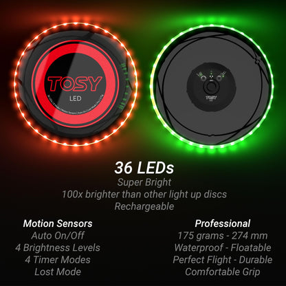 TOSY Flying Disc - 36 Mono-Color LEDs, Extremely Bright, Smart Modes, Camping Essentials for Teens/Kids/Adults/Men/Boys/Girls, Auto Light Up, Rechargeable, Waterproof, 175g
