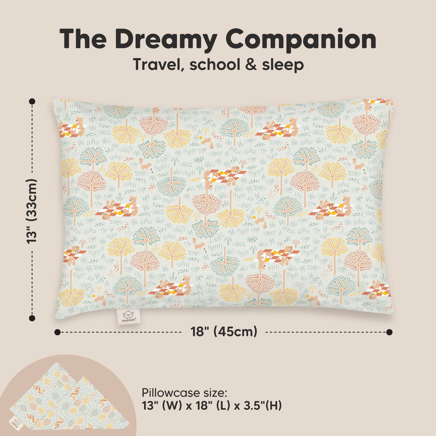 Toddler Pillow with Pillowcase - 13x18 My Little Dreamy Kids Travel Bed Pillows for Sleeping, Organic Cotton Small Pillowcase, Soft & Breathable, Machine Washable, Toddlers 2-5 years old (Wild Picnic)