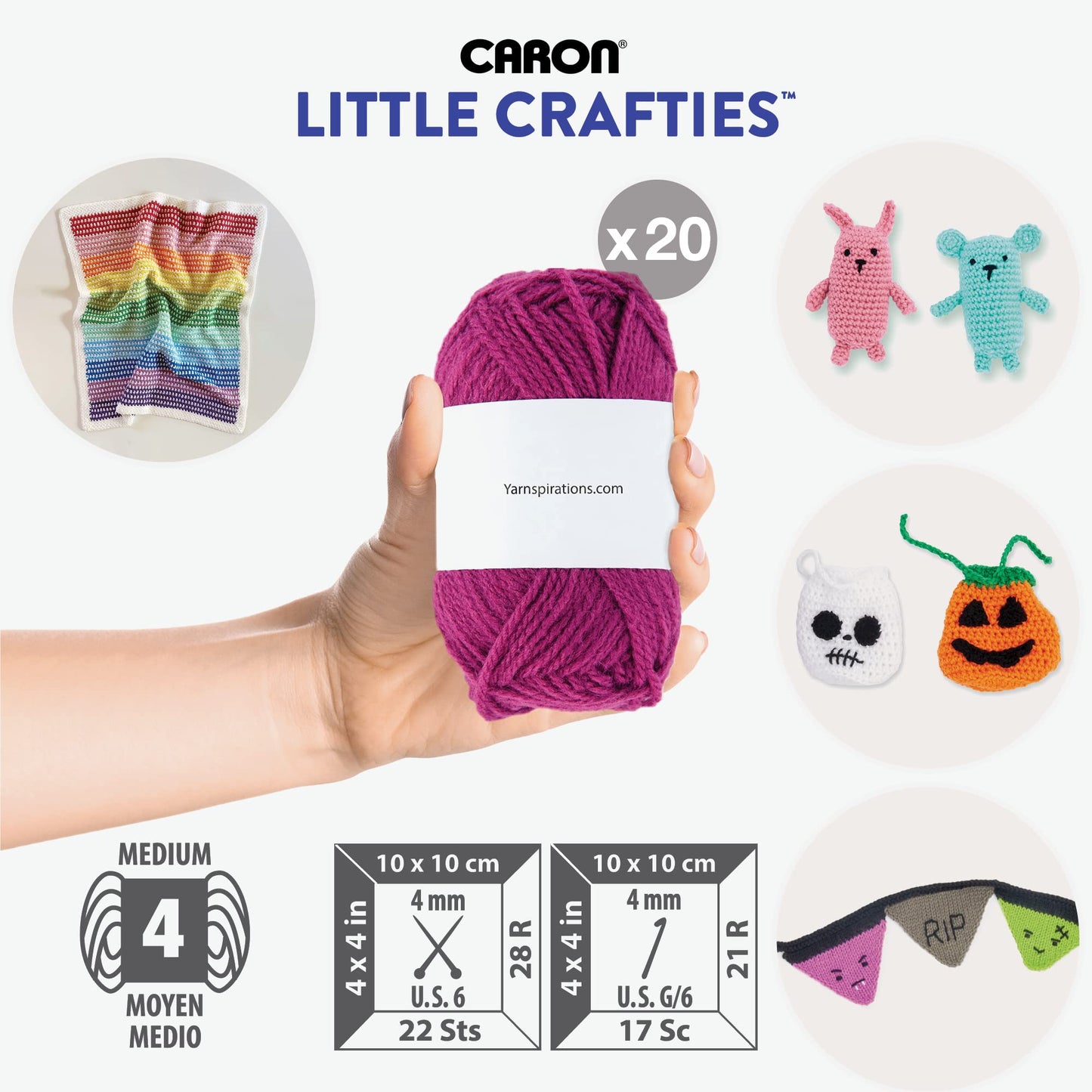 Caron Little Crafties Acrylic Mini Yarn Multipack 20 Count (Pack of 1) – Knitting, Crocheting & Art Projects – Machine Washable & Dryable – Durable Light Weight Yarn Kit