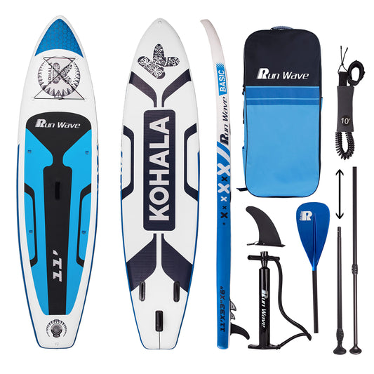 Run Wave Inflatable Stand Up Paddle Board 11'×33''×6''(6'' Thick) Non-Slip Deck with Premium SUP Accessories | Wide Stance, Bottom Fins for Surfing Control | Youth Adults Beginner (Kohala Blue)