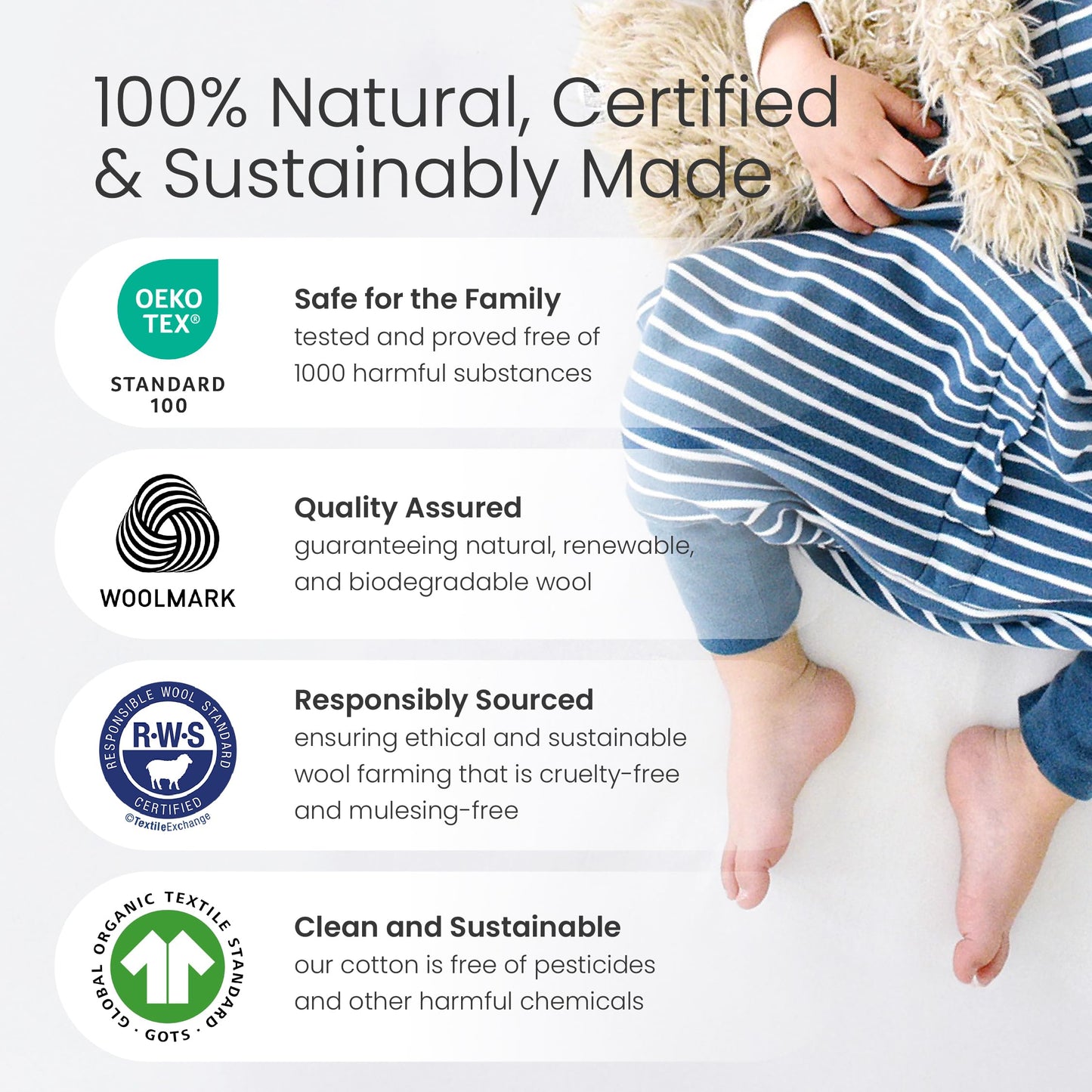 Woolino 4 Season Baby Sleep Bag with Feet Opening, Australian Merino Wool and Organic Cotton, Toddler Sleeping Bag, 18-36mo, Teddy Bear