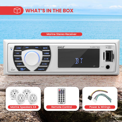 Pyle Marine Radio Receiver Speaker Set 12v Single Din Style Bluetooth Compatible Waterproof Digital Boat In Dash Console System with Mic 4 Speakers, Remote Control, Wiring Harness PLMRKT38W (White)