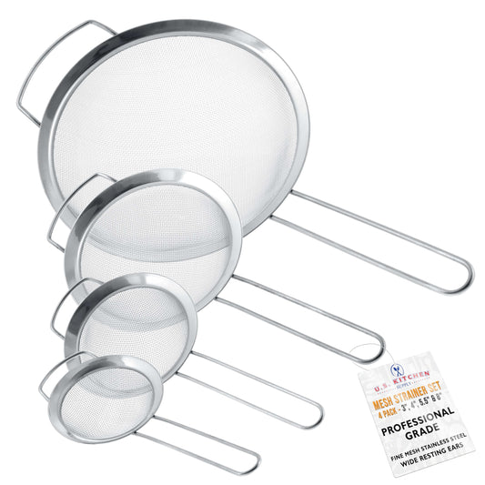 U.S. Kitchen Supply - Set of 4 Premium Quality Fine Mesh Stainless Steel Strainers with Wide Resting Ear Design - 3", 4", 5.5" and 8" Sizes - Sift, Strain, Drain and Rinse Vegetables, Pastas & Tea