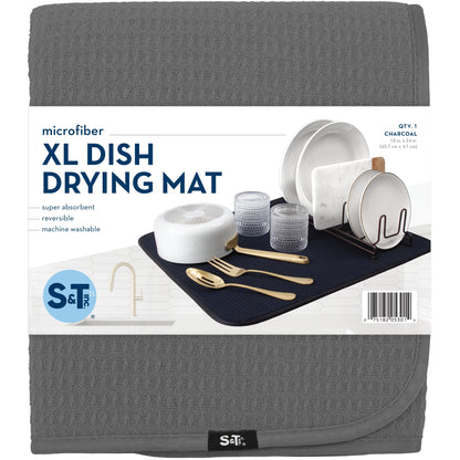 S&T INC. Dish Drying Mat XL, 18” x 24”, Absorbent Microfiber Kitchen Counter Mat, Dish Drying Pad for Dishes, Utensils, Pots and Pans, Extra Large, Charcoal