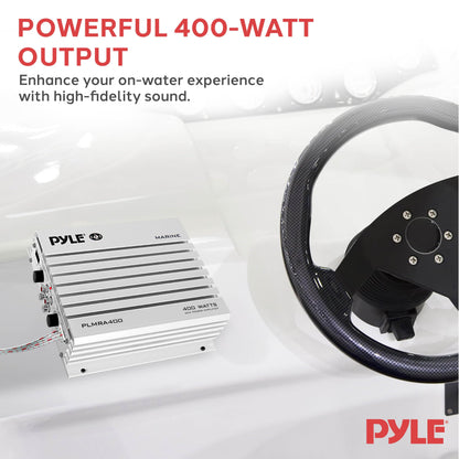 Pyle Hydra Marine Amplifier - Upgraded Elite Series 400 Watt 4 Channel Audio Amplifier, Waterproof, 12 volt, Dual MOSFET Power Supply, GAIN Level Controls, RCA Stereo Input & LED Indicator - PLMRA400