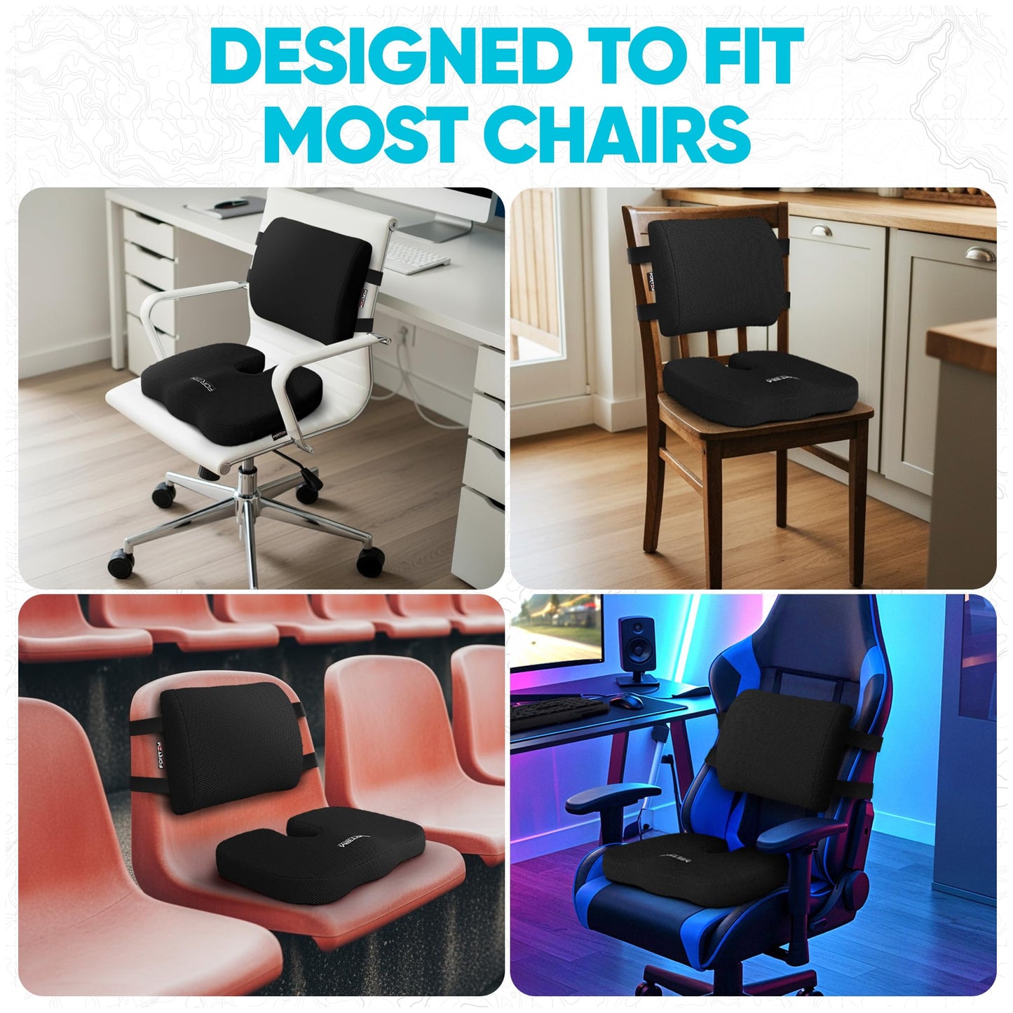 FORTEM Office Chair Cushion and Back Support for Office Chair, Lumbar Support Pillow, Memory Foam, Non Slip Sitting and Back Rest for Gaming, Car Seat Cushion, Chair Pad