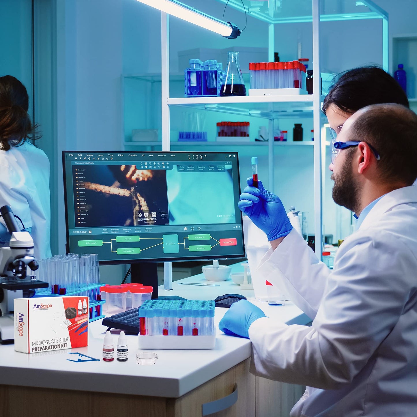 AmScope Microscope Slide Preparation Kit - Includes Blank Microscope Slides, Eosin Red & Methylene Blue Stain Powders, Tweezers, Swab & More - 22-Piece Kit