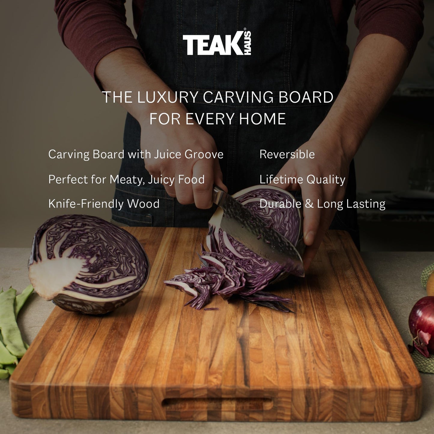 Teakhaus Cutting Board - Extra Large (XL) Wood Cutting Board with Grip Handles - Reversible Teak Edge Grain Wood - Knife Friendly - FSC Certified