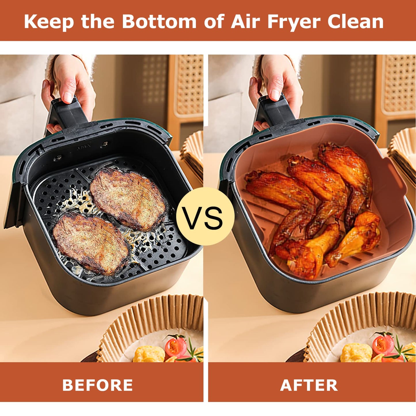 Silicone Air Fryer Basket Liners Square - 2Pcs Reusable Air Fryer Silicone Pots for Food Safe Air fryers Oven Accessories(8.5 Inch)
