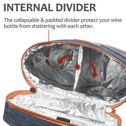 Tirrinia 2 Bottle Wine Gift Tote Carrier - Leakproof & Insulated Padded Versatile Wine Cooler Bag for Travel, BYOB Restaurant, Wine Tasting, Party, Dinner, Gift for Wine Lovers, Dark Blue