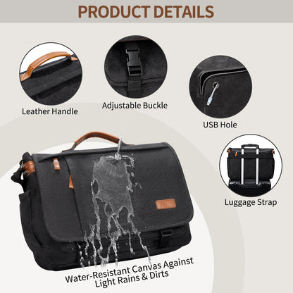 ESTARER Men's Messenger Bag 17.3 Inch Upgraded, Water-resistant Canvas Laptop Bag, Computer Shoulder Bag for College Travel Work, Dark Grey
