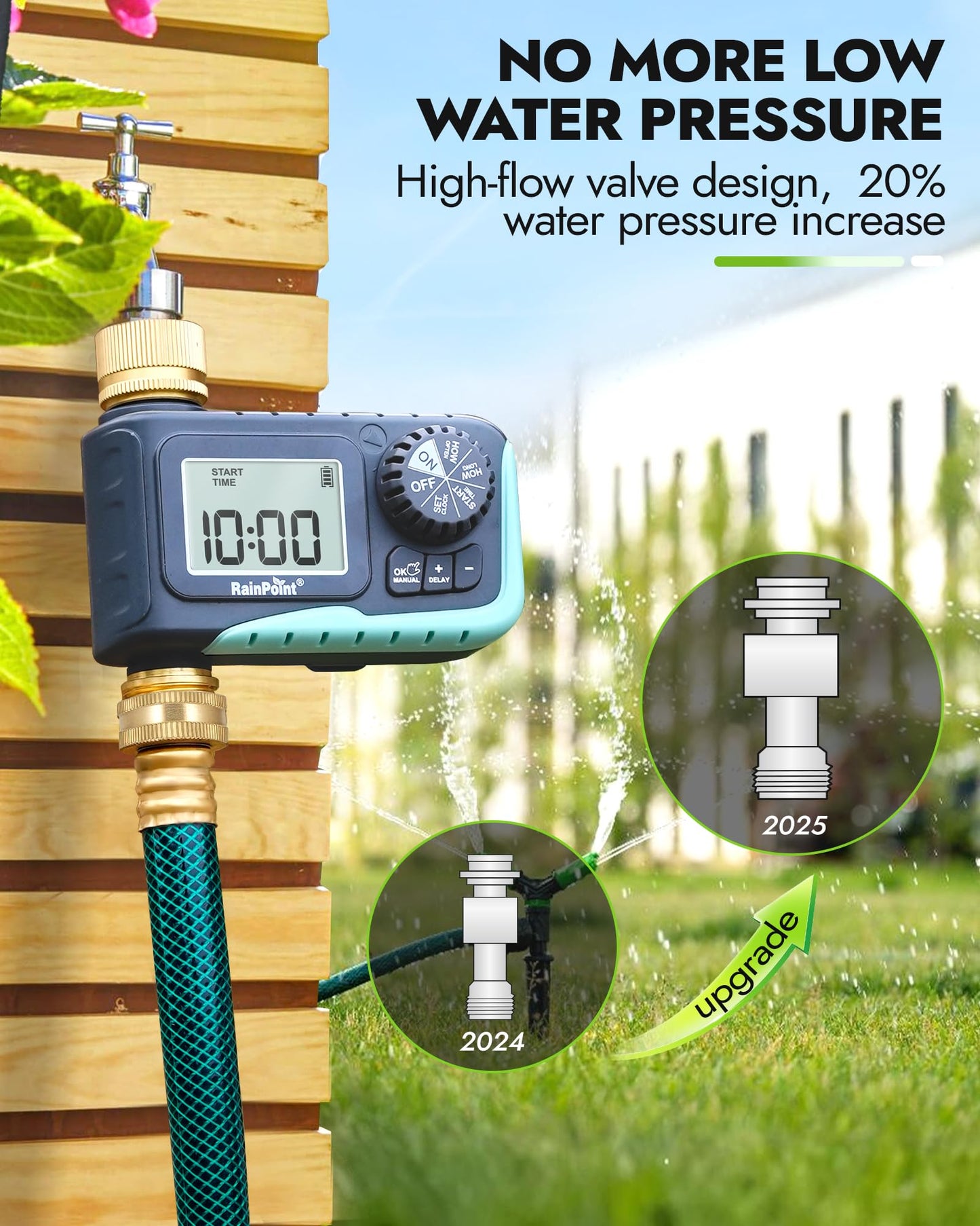 RAINPOINT Sprinkler Timer with Brass Inlet & Outlet, Programmable Hose Timer for Garden Soaker Hose, Watering Timer with Rain Delay/Manual Watering System, Digital Drip Irrigation for Yard, Lawn