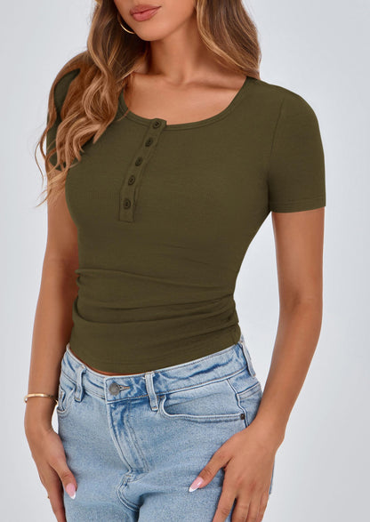 PRETTYGARDEN Women's 2025 Fall Summer Short Sleeve Tops Ribbed Henley Button Slim Fit Basic Casual T Shirts Blouse Clothing (Army Green,X-Small)