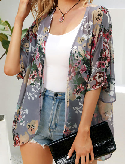 Women's Floral Print Puff Sleeve Kimono Cardigan Loose Cover Up Casual Blouse Tops(Dark Grey,L)