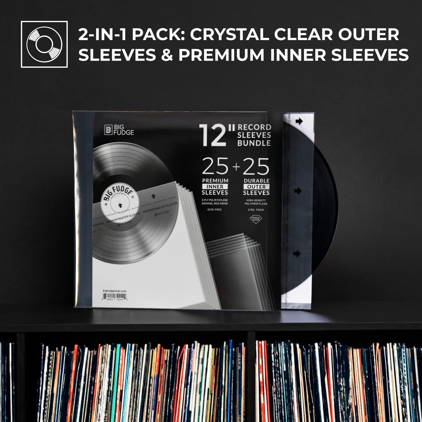 BIG FUDGE Vinyl Record Inner & Outer Sleeve Bundle - 12" x 25pcs High-Density Polypropylene Outer Sleeve Album Covers & 12" x 25pcs Archival Anti-Static Rice Paper LP Inner Sleeves