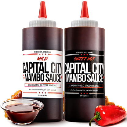Capital City Mambo Sauce Sweet Hot & Mild Variety Pack, Washington DC Wing Sauces, Perfect Condiment for Wings Chicken Pork Beef Seafood Burgers Rice or Noodles, 12oz (2 Pack)