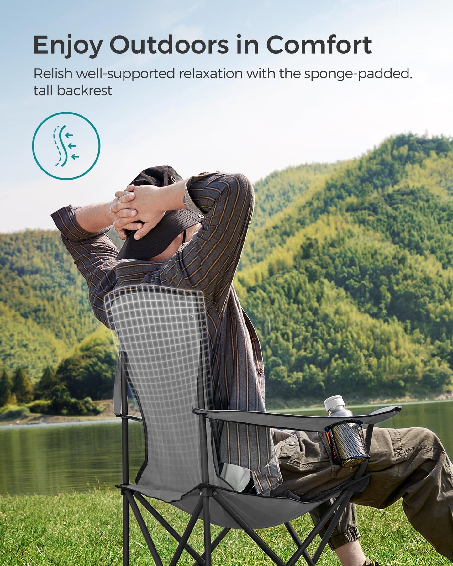 SONGMICS Folding Camping Chair, with Comfortable Sponge Seat, Cup Holder, Heavy Duty Structure, Max Load Capacity 551 lb, Outdoor Picnic Chair, Gray and Black UGCB006G01