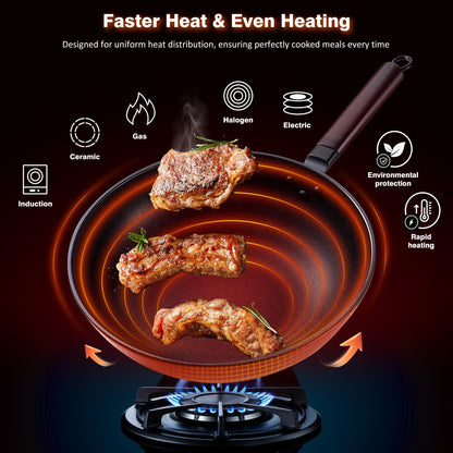 Teewe Carbon Steel Wok -13 Inch Woks & Stir-fry Pans Nonstick, Wok Pan with Lid Spatula and Dish Brush: Pre-Seasoned Flat Bottom Chinese Woks for Induction, Electric, Gas, All Stoves