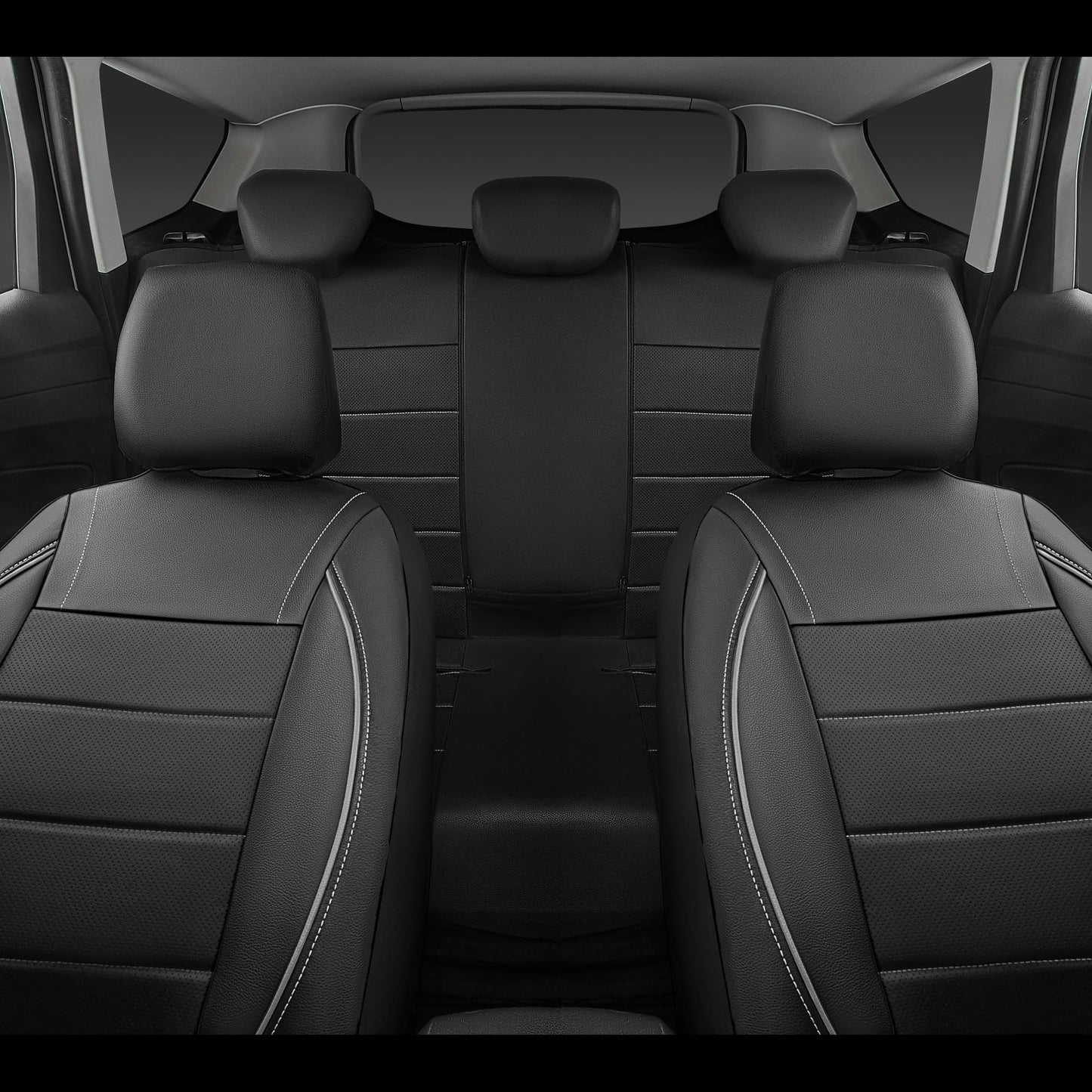 CAR PASS Universal Reflect Piping Leather Car Seat Cover, Fit for suvs,Van,Trucks,Airbag Compatible,Inside Zipper Design and Reserved Opening Holes (Full Set, Black and Grey)