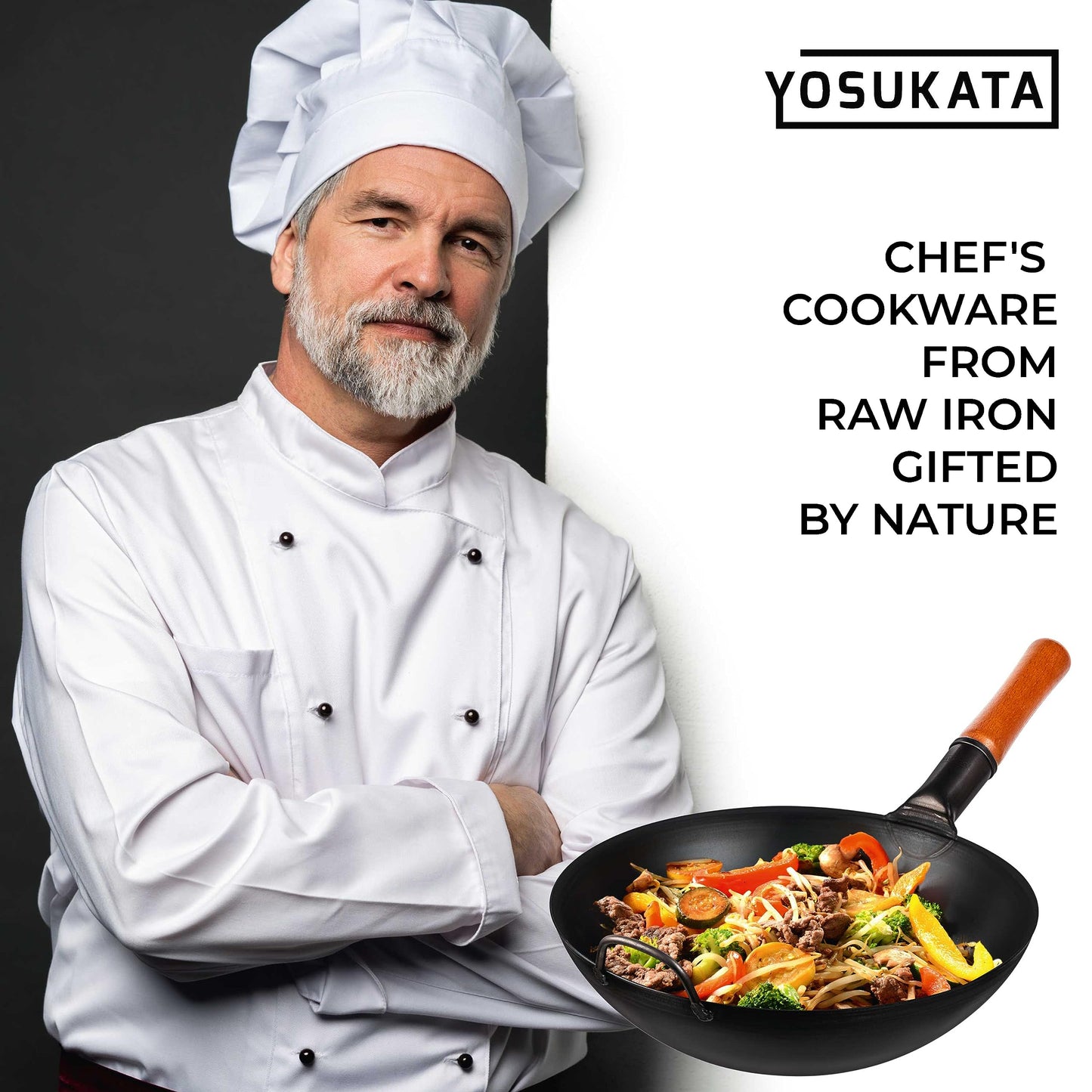 YOSUKATA 13.5" Carbon Steel Wok Pan – Pre-Seasoned Flat Bottom Pow Wok for Stir Fry, BBQ, Grill & Camping – Traditional Japanese Chinese Cookware – Compatible with Induction, Electric, Gas, Open Fire