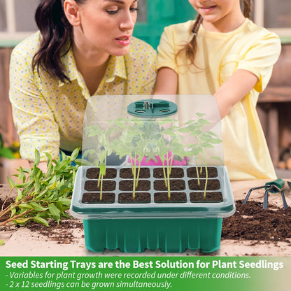 Qoolife Seed Starter Tray with Plant Light, 2 Pack Grow Lights for Seed Starting Kit with Humidity Domes, Timing Controller Adjustable Brightness for Greenhouse Propagator Station Planting Growing