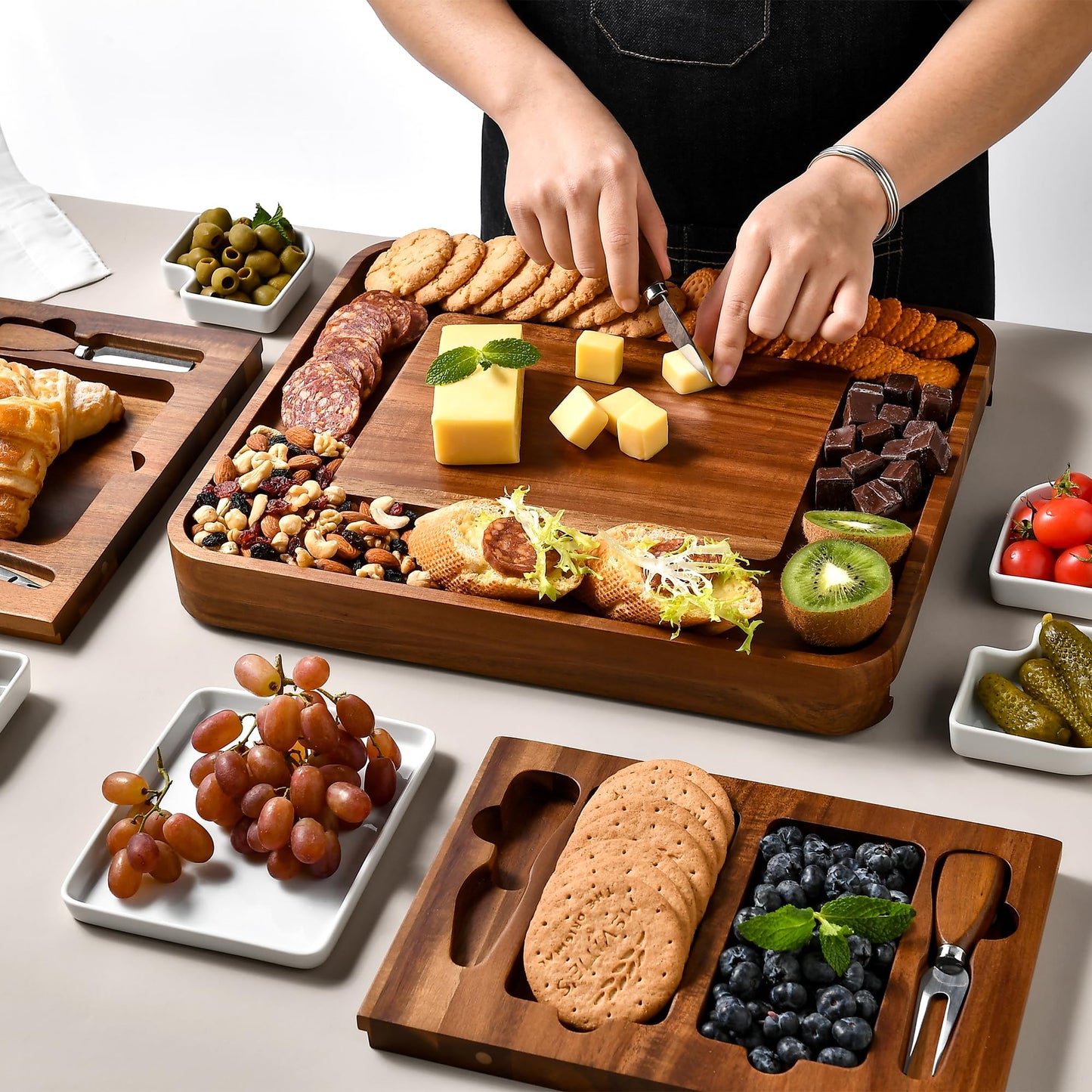 Shanik Upgraded Acacia Cheese Board Set, Square Shaped Charcuterie Set, Cheese Platter, Handcrafted Design and Stainless Steel Cutlery Set - Gift for Any Occasion No Engraving