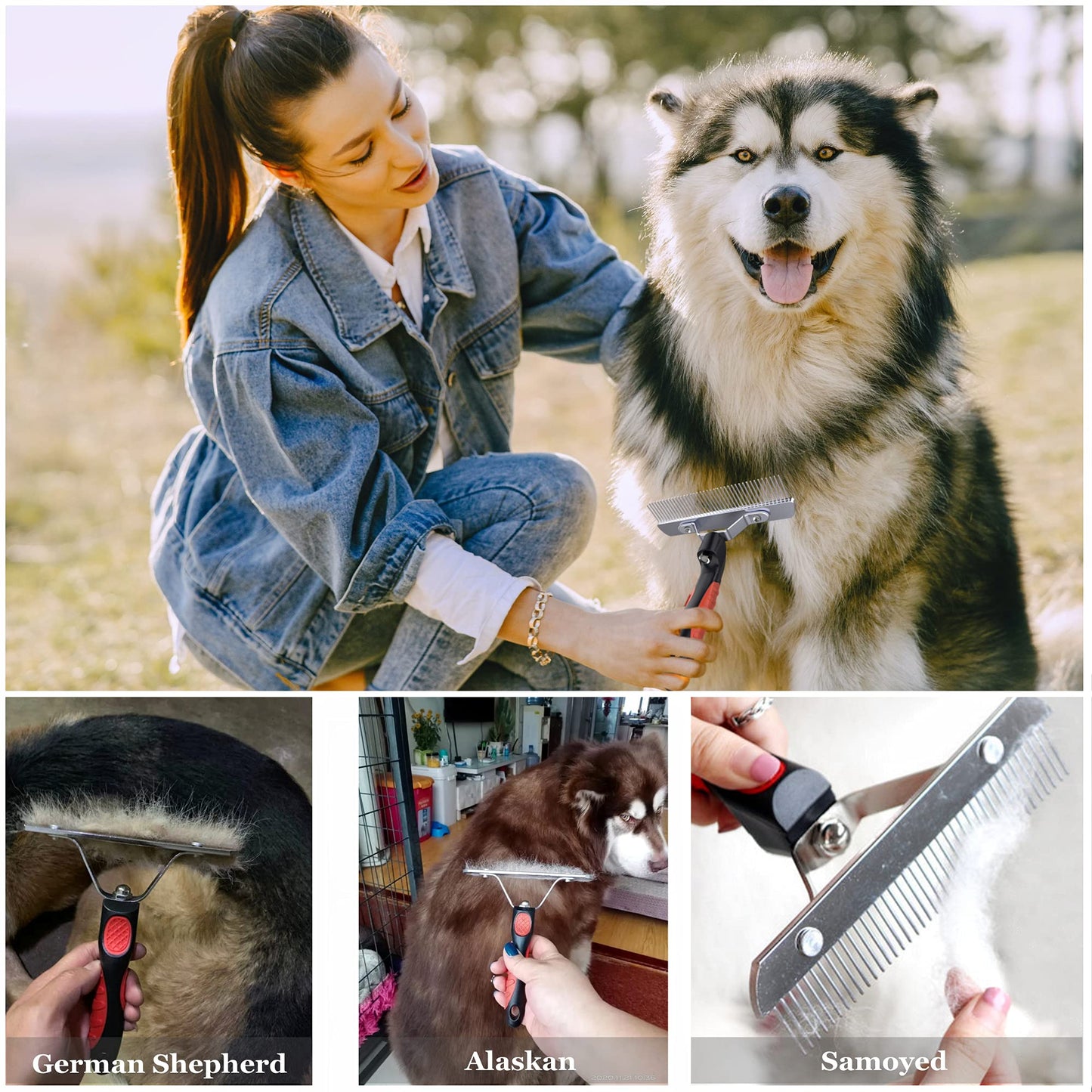 Dog Brushes for Grooming Large Dogs, Undercoat Dog Rake Long Hair Pet Comb Pet Grooming Brush with Anti-Slip Handle, Steel Comb for Golden Retriever Husky German Shepherd