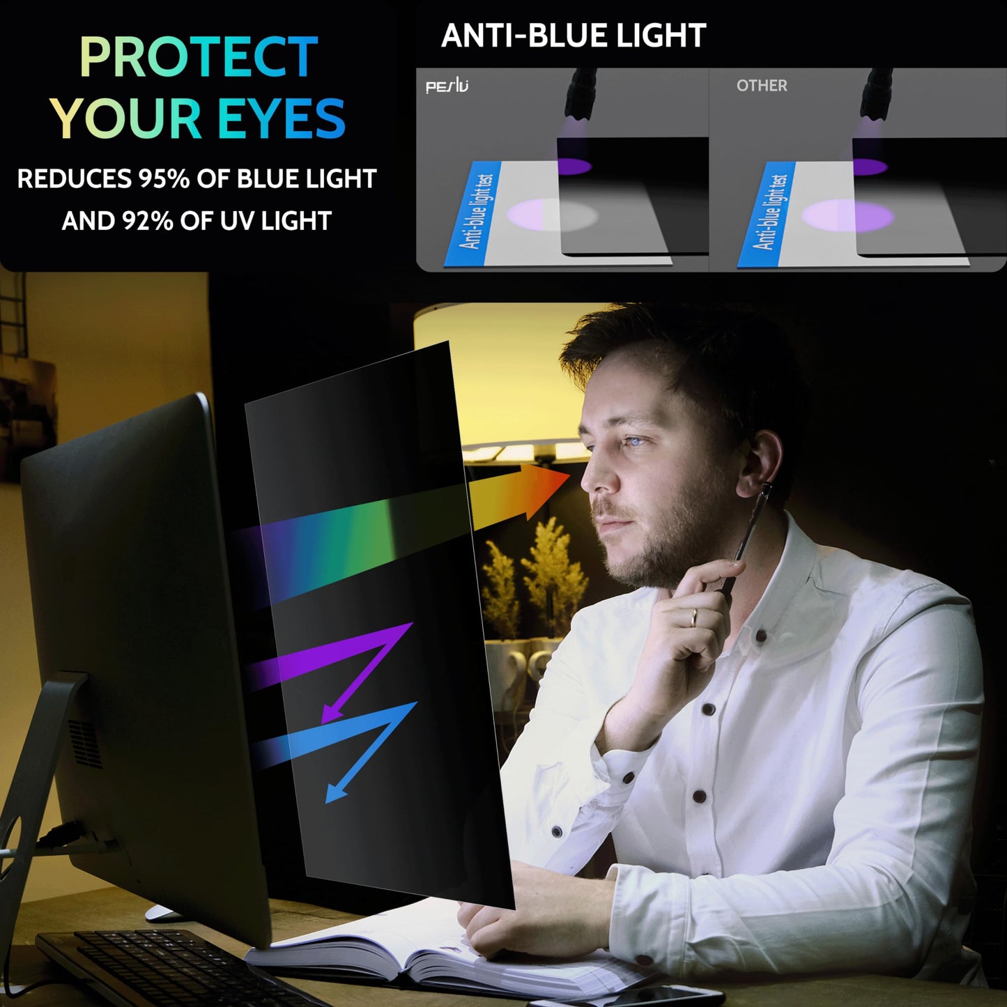 [2-Pack] 24 Inch Privacy Screen for Computer Monitor 16:9 Aspect Ratio, Eye Protection Anti Blue Light Glare Shield, 24inch Removable Black Blackout Anti Spy Desktop Security Private Filter