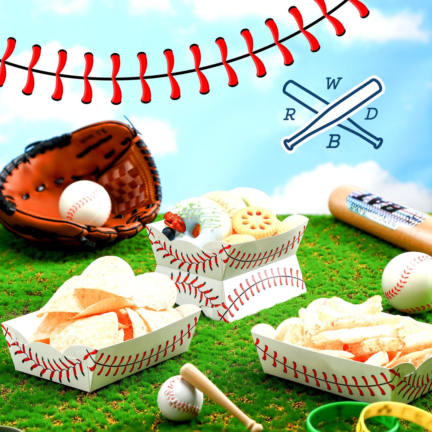 Cunhill 60 Pack Baseball Party Supplies Set Baseball Birthday Decorations Disposable Paper Food Serving Tray Boats Tray for Concession Food, Condiment, Carnivals