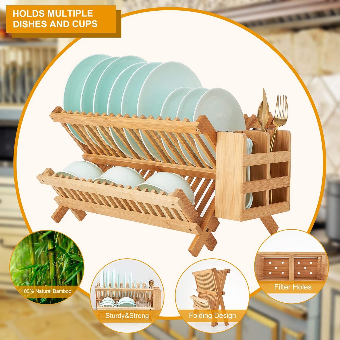 Worthyeah Bamboo Dish Drying Rack, 2 Tier Collapsible Dish Rack with Utensil Holder, Wooden Dish Drying Rack for Kitchen Counter, Large Folding Drying Holder, Dish Drainer 34 pcs Grid
