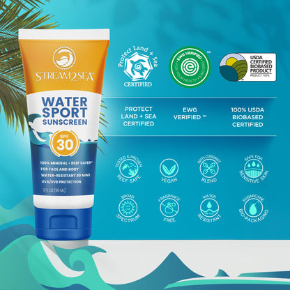 STREAM 2 SEA SPF 30 Biodegradable Mineral Sunscreen, 3 Fl oz Non-Greasy and Moisturizing Reef Safe Sunscreen For Face Protection and Body Against UVA and UVB