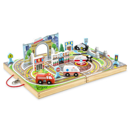 Melissa & Doug 18-Piece Wooden Take-Along Tabletop Town, 4 Rescue Vehicles, Play Pieces, Bridge
